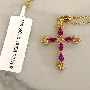 18k Yellow Gold Over Silver 925 Ruby Diamond Cross Chain 18 inch NWT